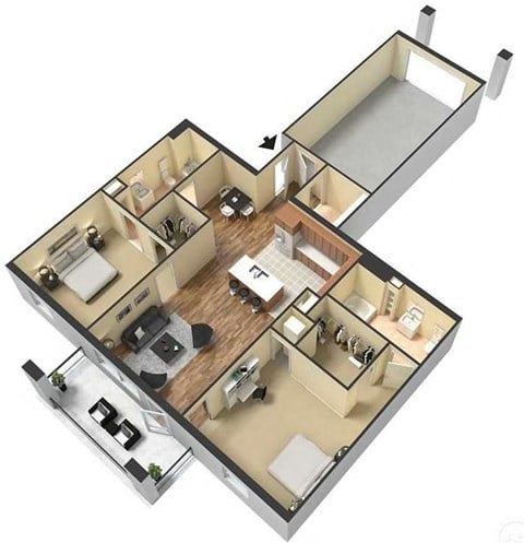 Two Bedroom Two Bath Floor Plan at Meridian Park Apartments, Tennessee, 38017